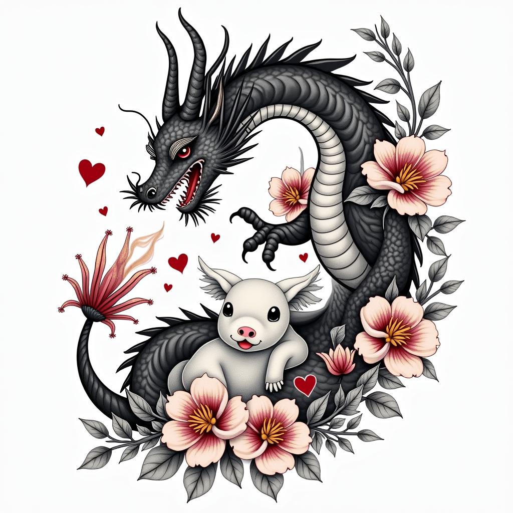 SAKURA COVERED DRAGON SPITTING HEARTS AND PETAL FLAME FLOWERS  PROTECTING A BABY COWin japanese style tattoo, detailed tattoo, traditional japanese culture tattoo, mythology, 8k