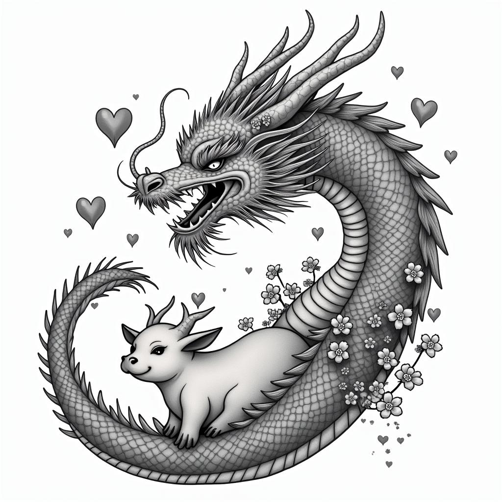 SAKURA COVERED DRAGON SPITTING HEARTS AND PETAL FLAME FLOWERS PROTECTING A BABY COWin japanese style tattoo, detailed tattoo, traditional japanese culture tattoo, mythology, 8k - Variation 3