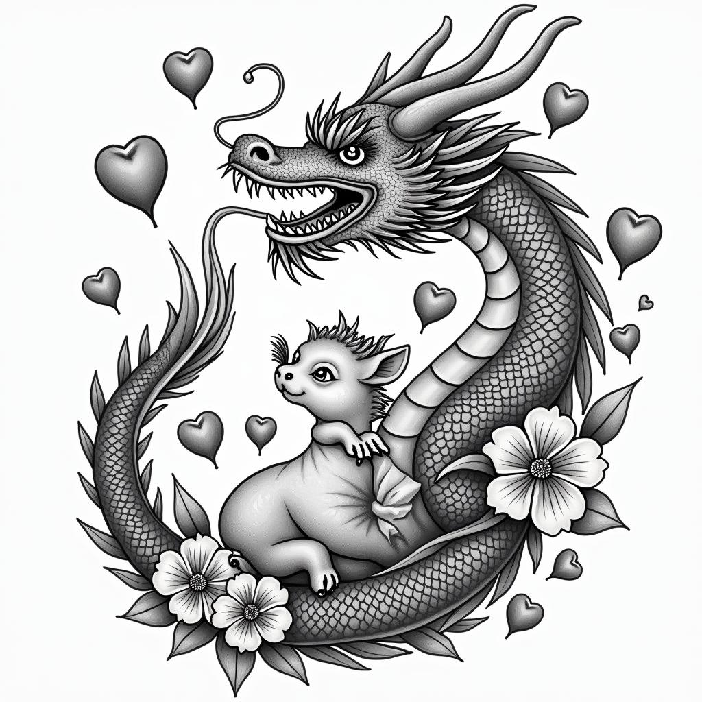 SAKURA COVERED DRAGON SPITTING HEARTS AND PETAL FLAME FLOWERS PROTECTING A BABY COWin japanese style tattoo, detailed tattoo, traditional japanese culture tattoo, mythology, 8k - Variation 2