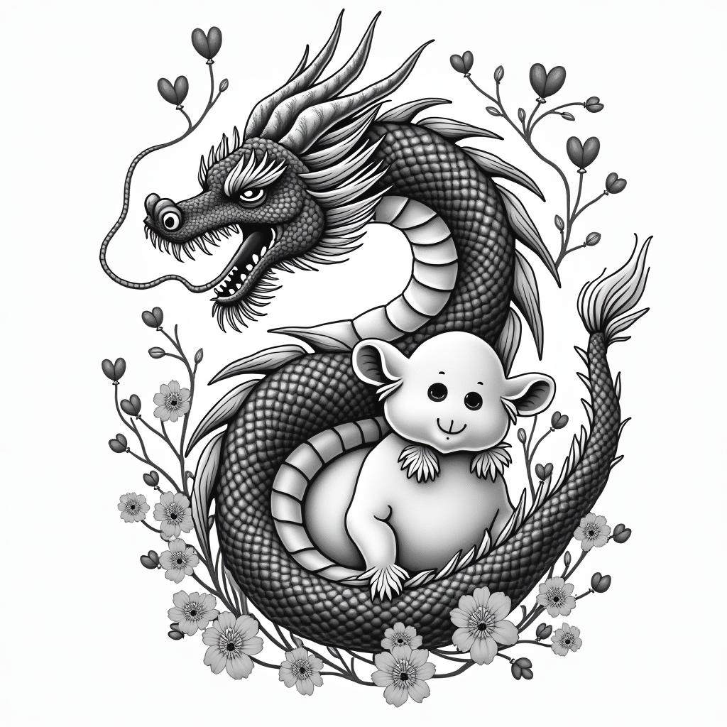 SAKURA COVERED DRAGON SPITTING HEARTS AND PETAL FLAME FLOWERS PROTECTING A BABY COWin japanese style tattoo, detailed tattoo, traditional japanese culture tattoo, mythology, 8k - Variation 4