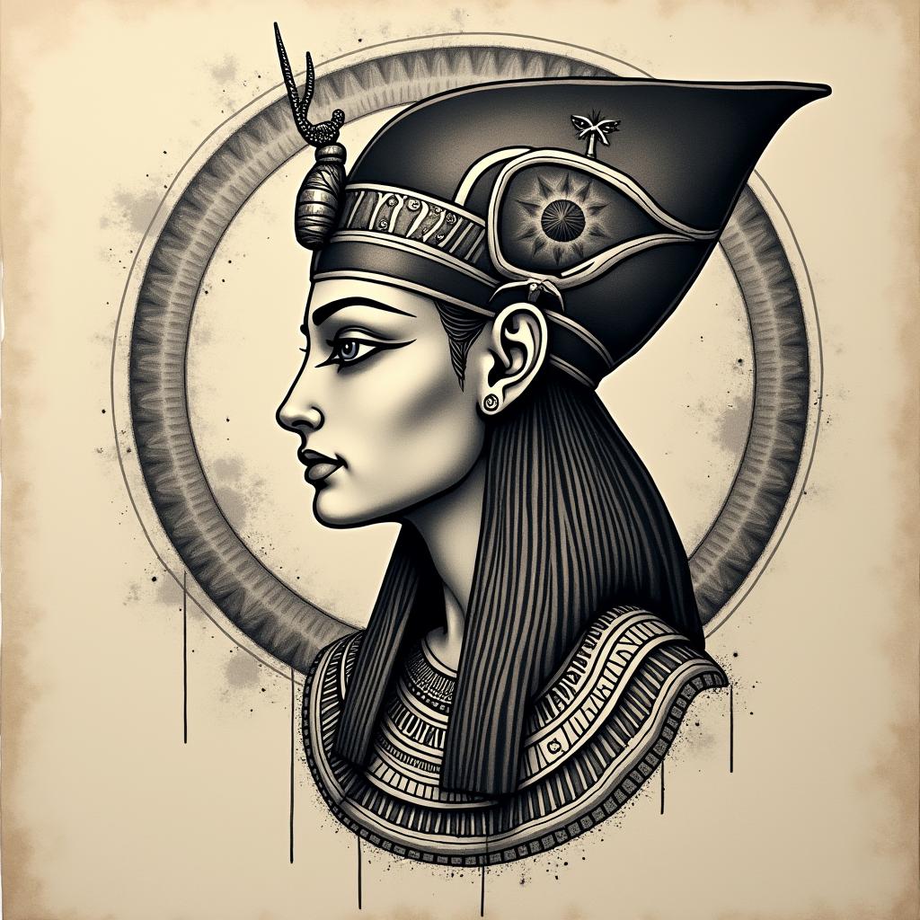 Lunain egyptian style tattoo, bold elements of ancient egyptian culture including a portrait of an Egyptian pharaoh with detailed facial features, in hieroglyphs and symbolic imagery, eye of horus, ankh symbol, scarab beetle - Variation 3