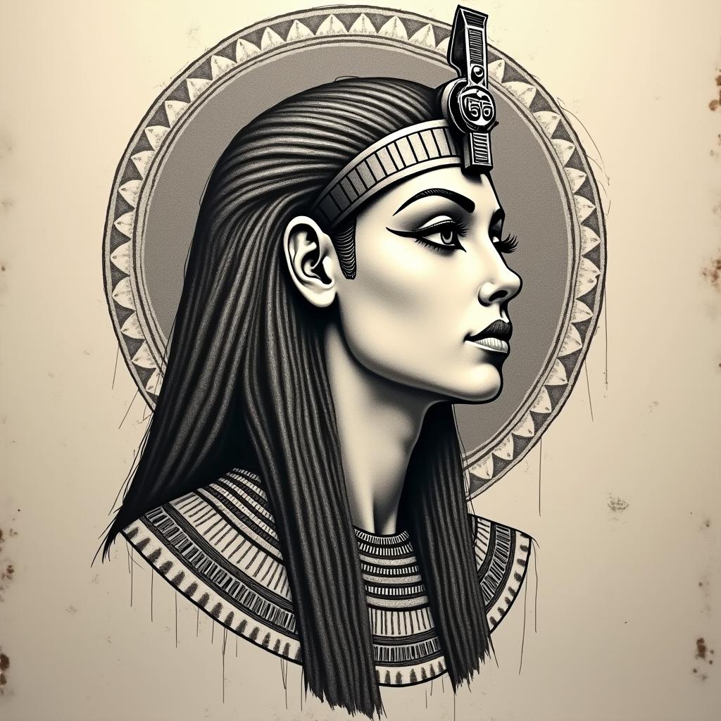 Lunain egyptian style tattoo, bold elements of ancient egyptian culture including a portrait of an Egyptian pharaoh with detailed facial features, in hieroglyphs and symbolic imagery, eye of horus, ankh symbol, scarab beetle - Variation 2
