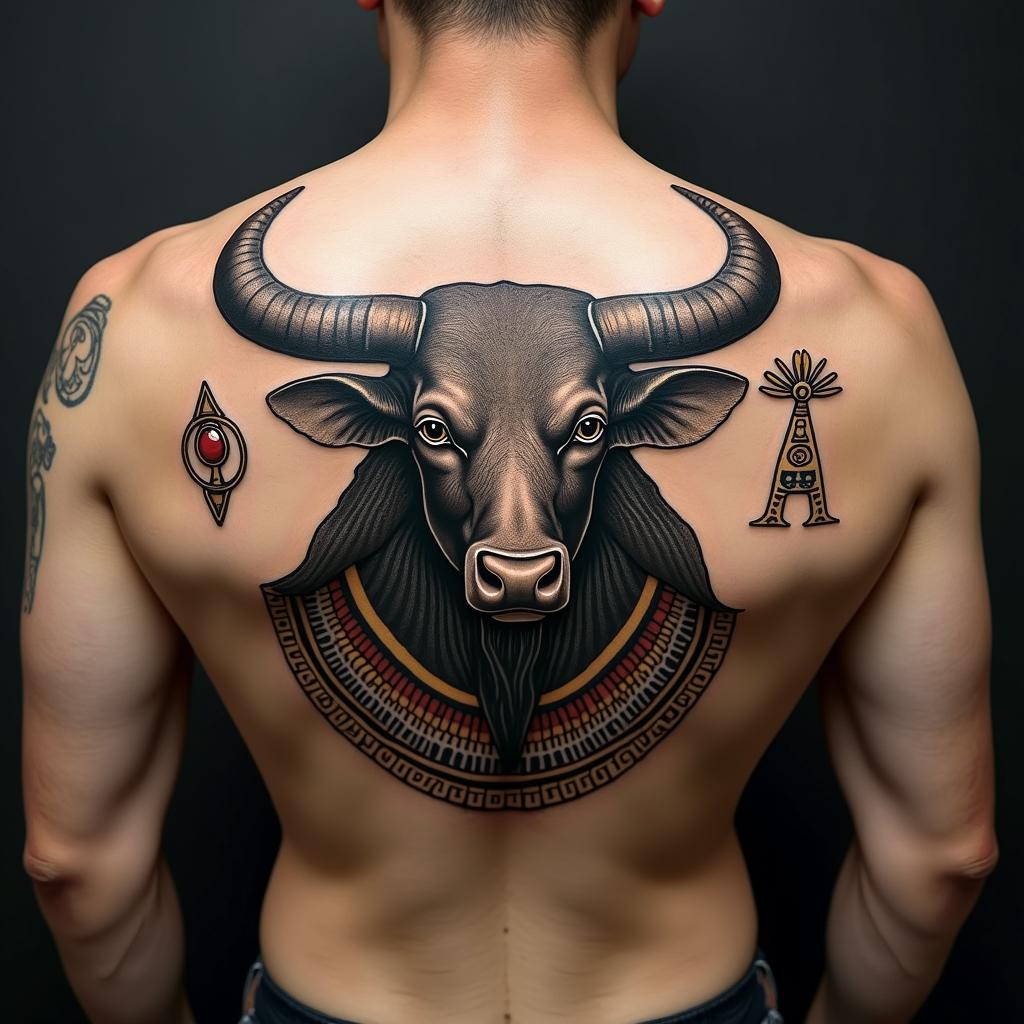 Taurus bullin egyptian style tattoo, bold elements of ancient egyptian culture including a portrait of an Egyptian pharaoh with detailed facial features, in hieroglyphs and symbolic imagery, eye of horus, ankh symbol, scarab beetle