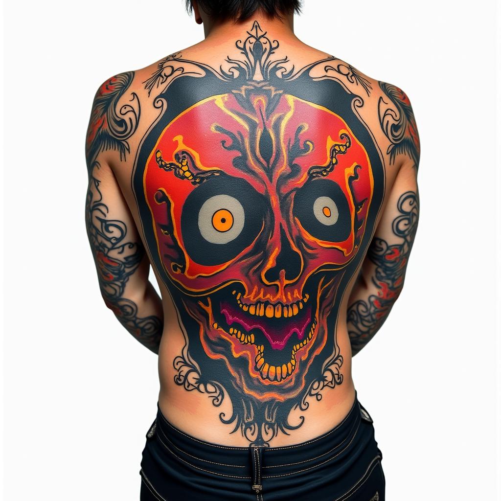 Lower back tattooin pop art style tattoo, featuring bold and vibrant colors, exaggerated outlines, iconic imagery, inspired by comic books and speech bubbles, comic book characters, retro pop culture - Variation 3