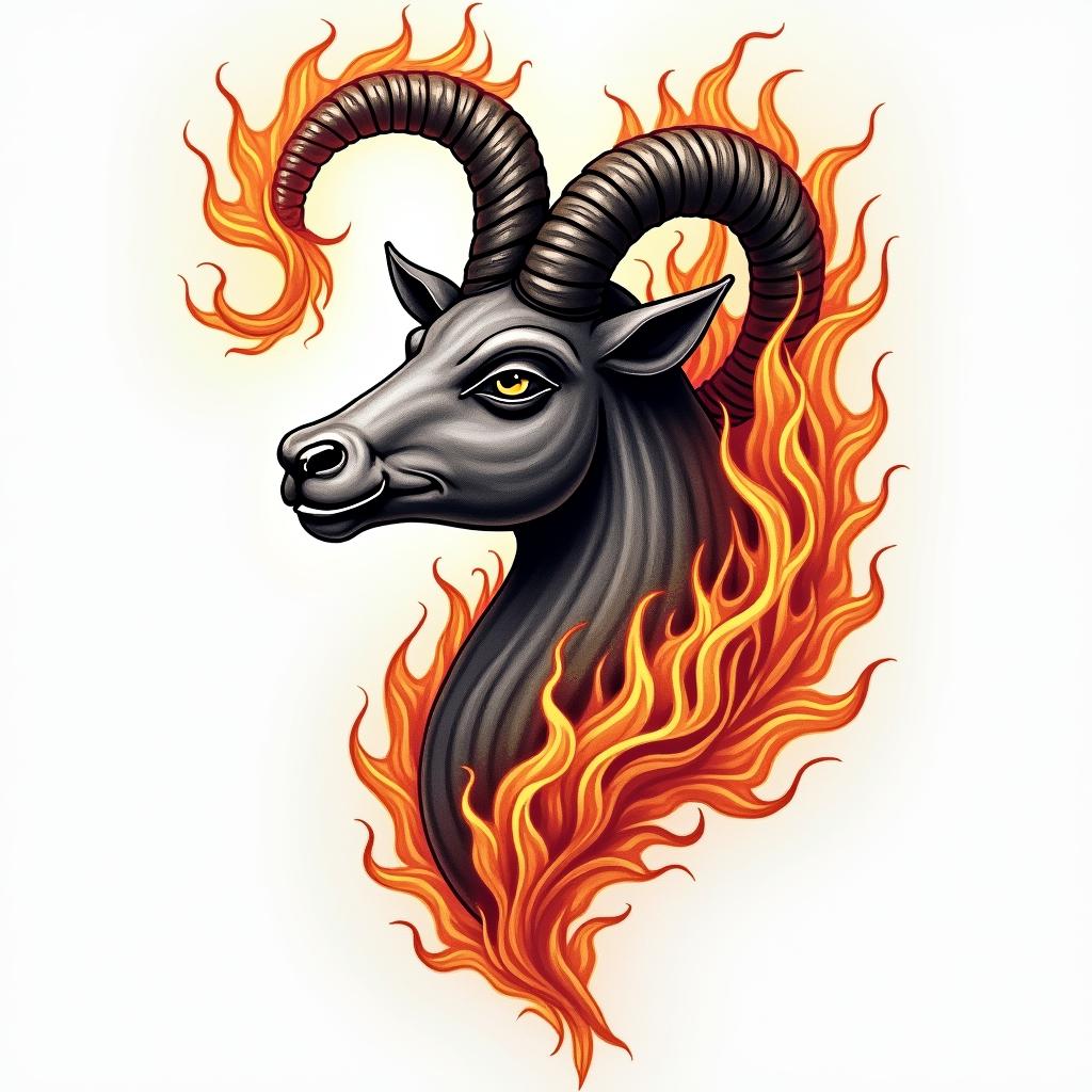 Chips Capricorn in flame tattoo style showcasing fiery elements with dynamic flame patterns, glowing effect of flames, natural colors - Variation 2