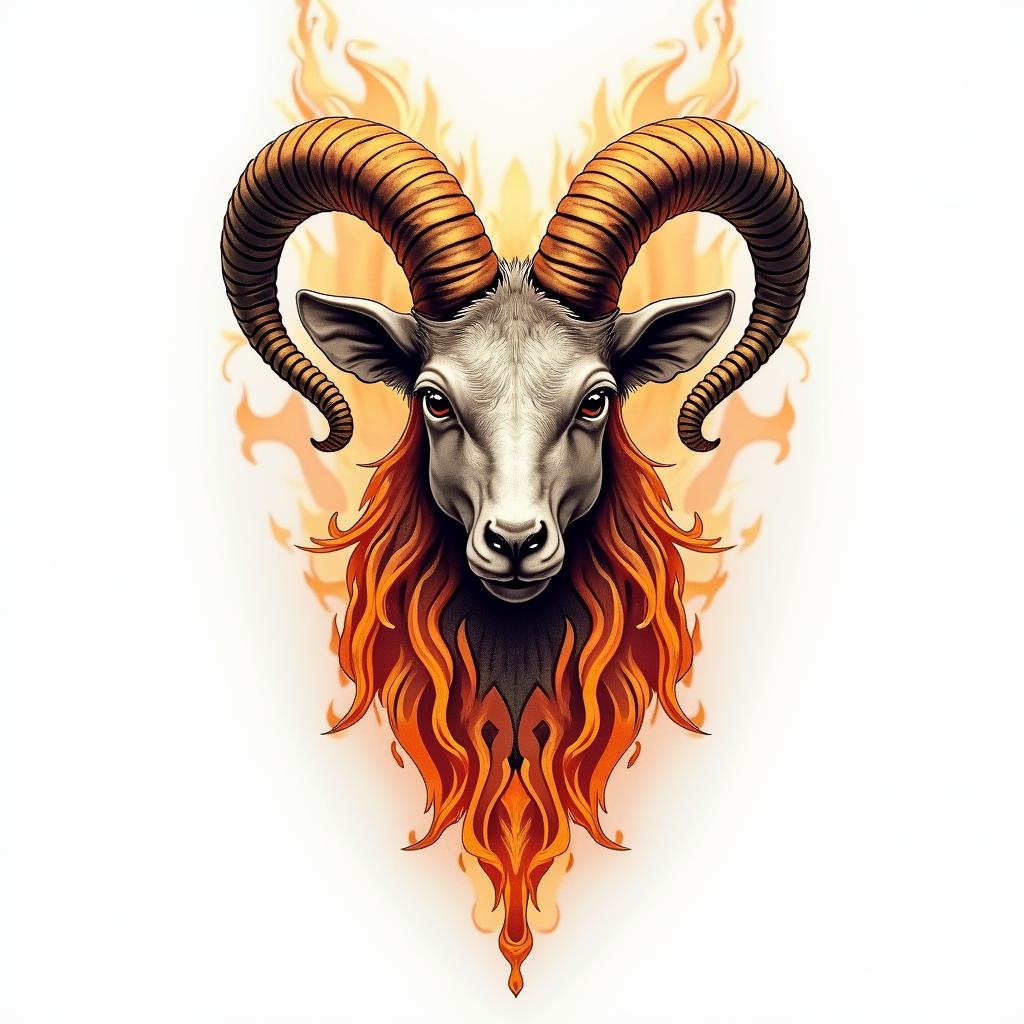 Chips Capricorn in flame tattoo style showcasing fiery elements with dynamic flame patterns, glowing effect of flames, natural colors - Variation 4