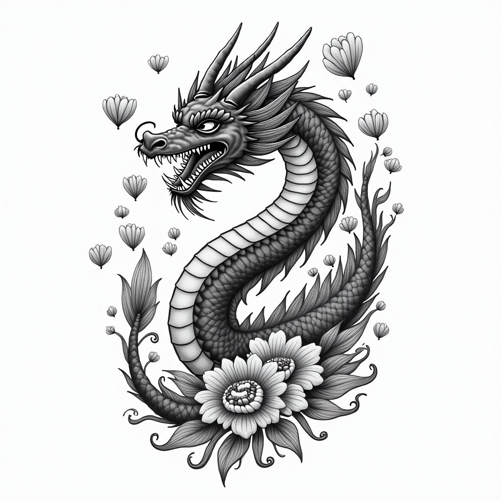 SAKURA COVERED DRAGON SPITTING HEARTS AND PETAL FLAME FLOWERS PROTECTING A COWin japanese style tattoo, detailed tattoo, traditional japanese culture tattoo, mythology, 8k - Variation 2