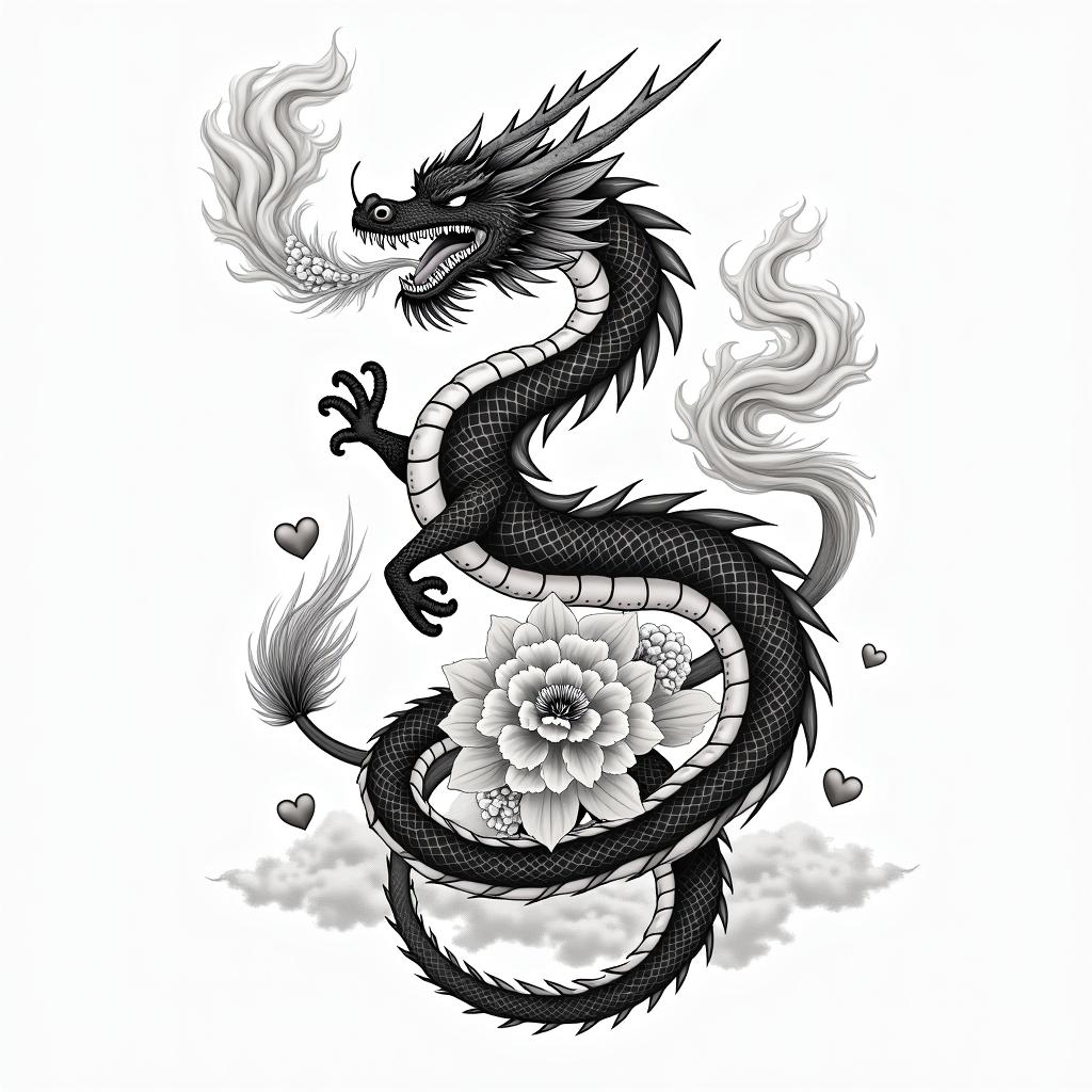 SAKURA COVERED DRAGON SPITTING HEARTS AND PETAL FLAME FLOWERS  PROTECTING A  COWin japanese style tattoo, detailed tattoo, traditional japanese culture tattoo, mythology, 8k