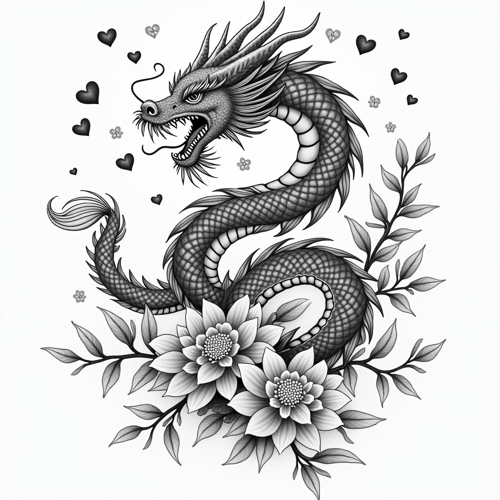 SAKURA COVERED DRAGON SPITTING HEARTS AND PETAL FLAME FLOWERS PROTECTING A COWin japanese style tattoo, detailed tattoo, traditional japanese culture tattoo, mythology, 8k - Variation 3