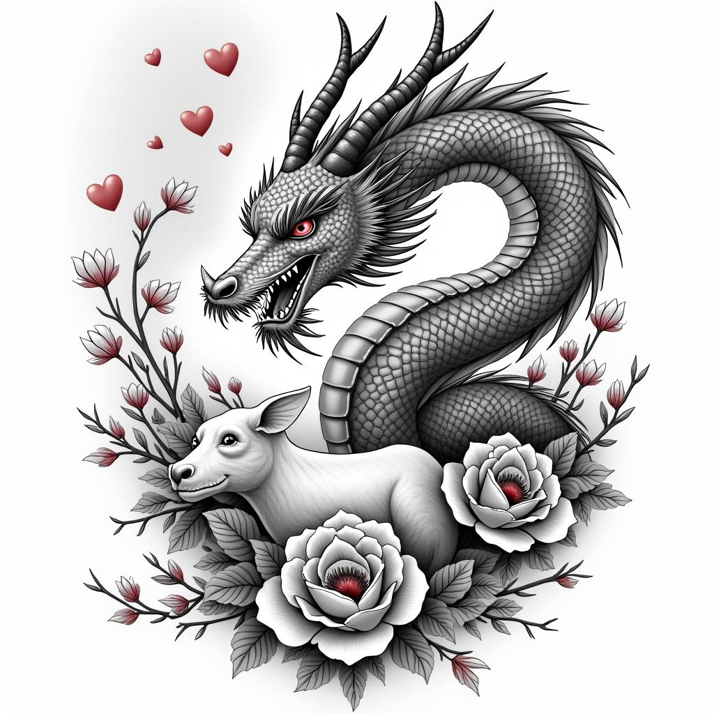 SAKURA COVERED DRAGON SPITTING HEARTS AND PETAL FLAME FLOWERS PROTECTING A COWin japanese style tattoo, detailed tattoo, traditional japanese culture tattoo, mythology, 8k - Variation 4