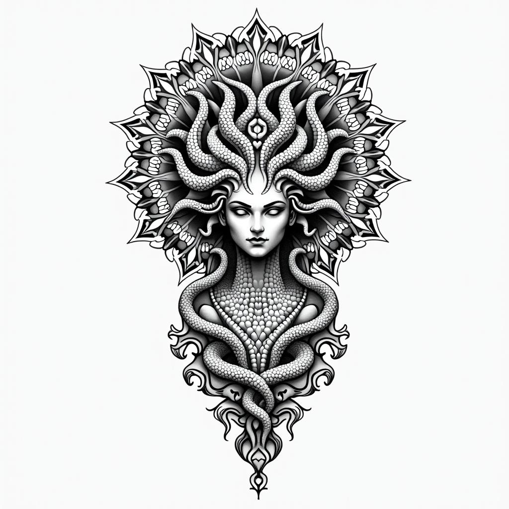 medusa, Greek mythologyin dotwork style tattoo, complex mandala patterns, interlocking geometric shapes with sharp symmetry, clean lines, sharp angles