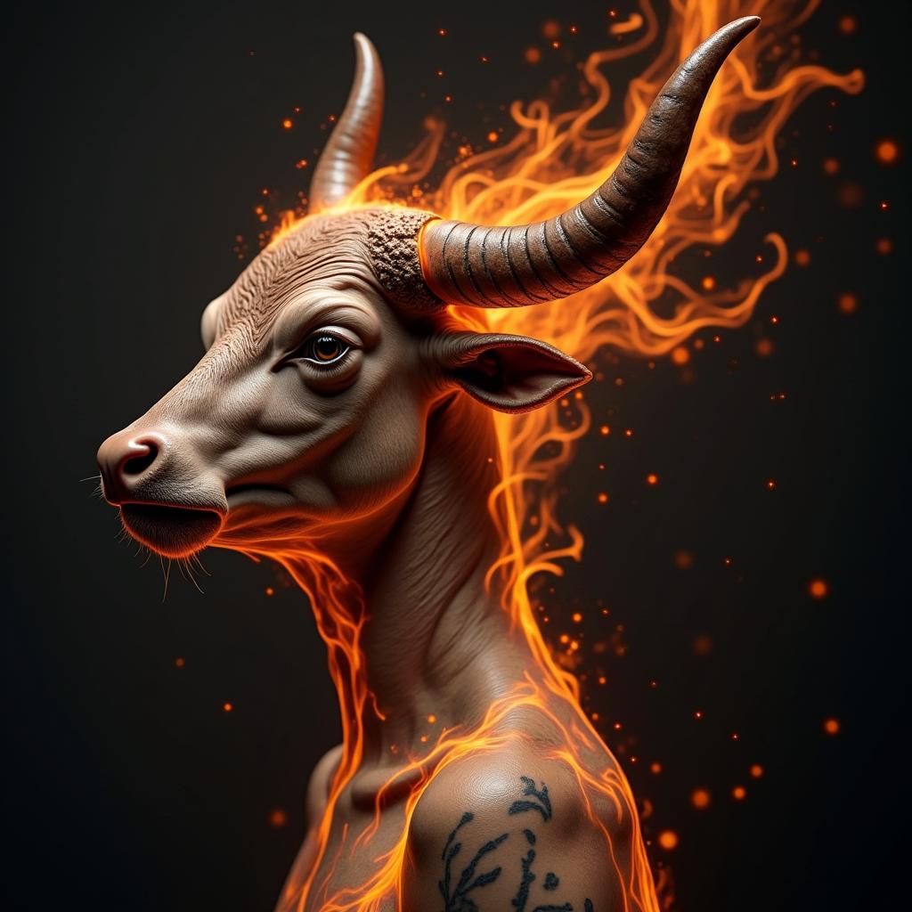Taurus bullin flame tattoo style showcasing fiery elements with dynamic flame patterns, glowing effect of flames, natural colors - Variation 2