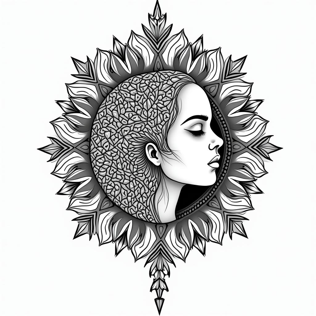 Children, hakunamatata, philosophy, music, empathyin dotwork style tattoo, complex mandala patterns, interlocking geometric shapes with sharp symmetry, clean lines, sharp angles - Variation 3