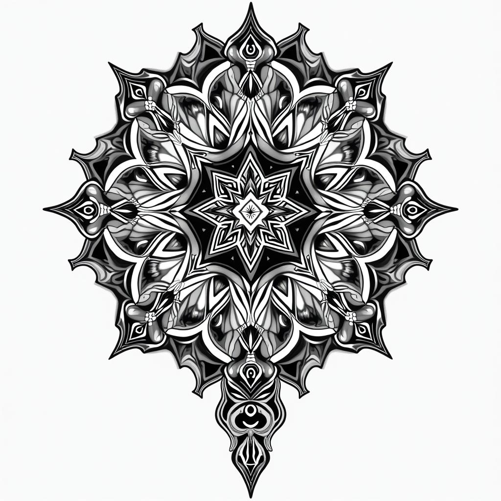 Children, hakunamatata, philosophy, music, empathyin dotwork style tattoo, complex mandala patterns, interlocking geometric shapes with sharp symmetry, clean lines, sharp angles