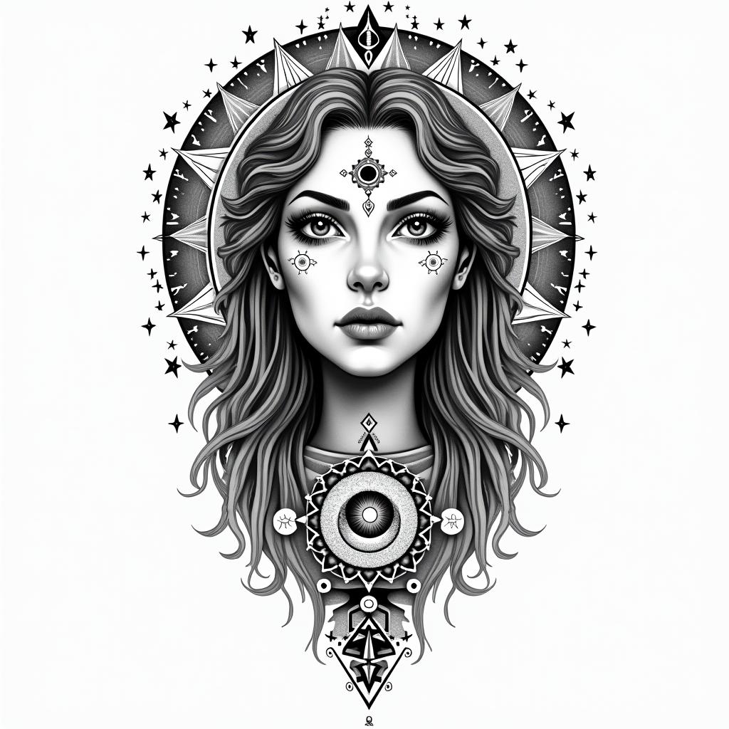 Sign Leo woman born in Creil August 11, 1993in prophecy tattoo style, featuring mystical symbols, celestial imagery like stars, moons, suns, geometric patterns, foretelling elements, an eye of wisdom - Variation 3