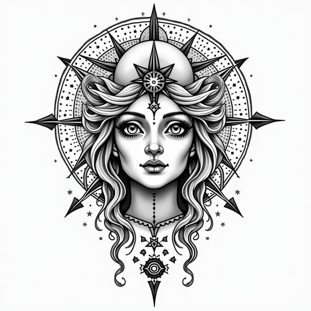 Sign Leo woman born in Creil August 11, 1993in prophecy tattoo style, featuring mystical symbols, celestial imagery like stars, moons, suns, geometric patterns, foretelling elements, an eye of wisdom - Variation 2