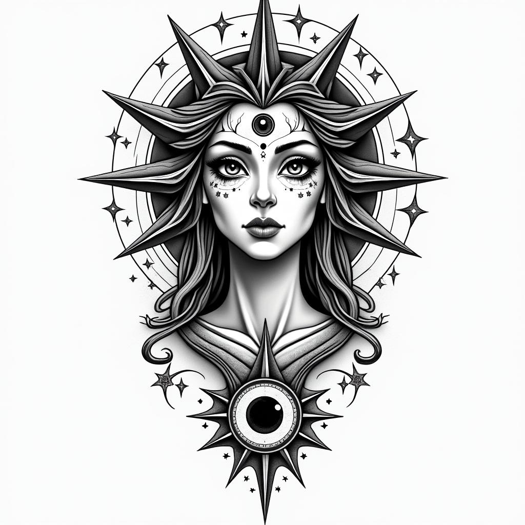 Sign Leo woman born in Creil August 11, 1993in prophecy tattoo style, featuring mystical symbols, celestial imagery like stars, moons, suns, geometric patterns, foretelling elements, an eye of wisdom - Variation 4