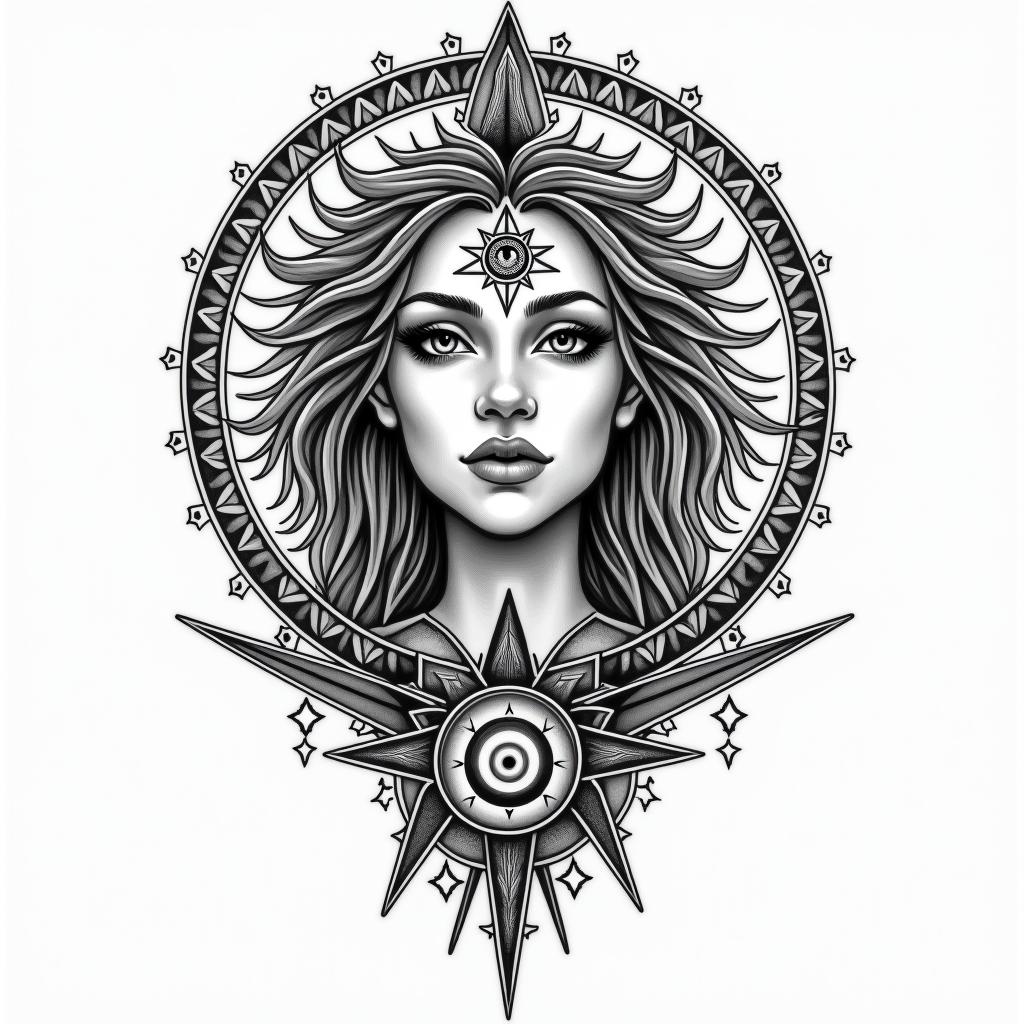 Sign Leo woman born in Creil August 11, 1993in prophecy tattoo style, featuring mystical symbols, celestial imagery like stars, moons, suns, geometric patterns, foretelling elements, an eye of wisdom
