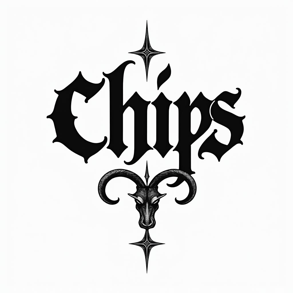 Chips Capricorntext-based tattoo, gothic font ultra-realistic, perfectly placed, high-quality font design, photo-realistic shading, 8k, high quality, finely detailed typography