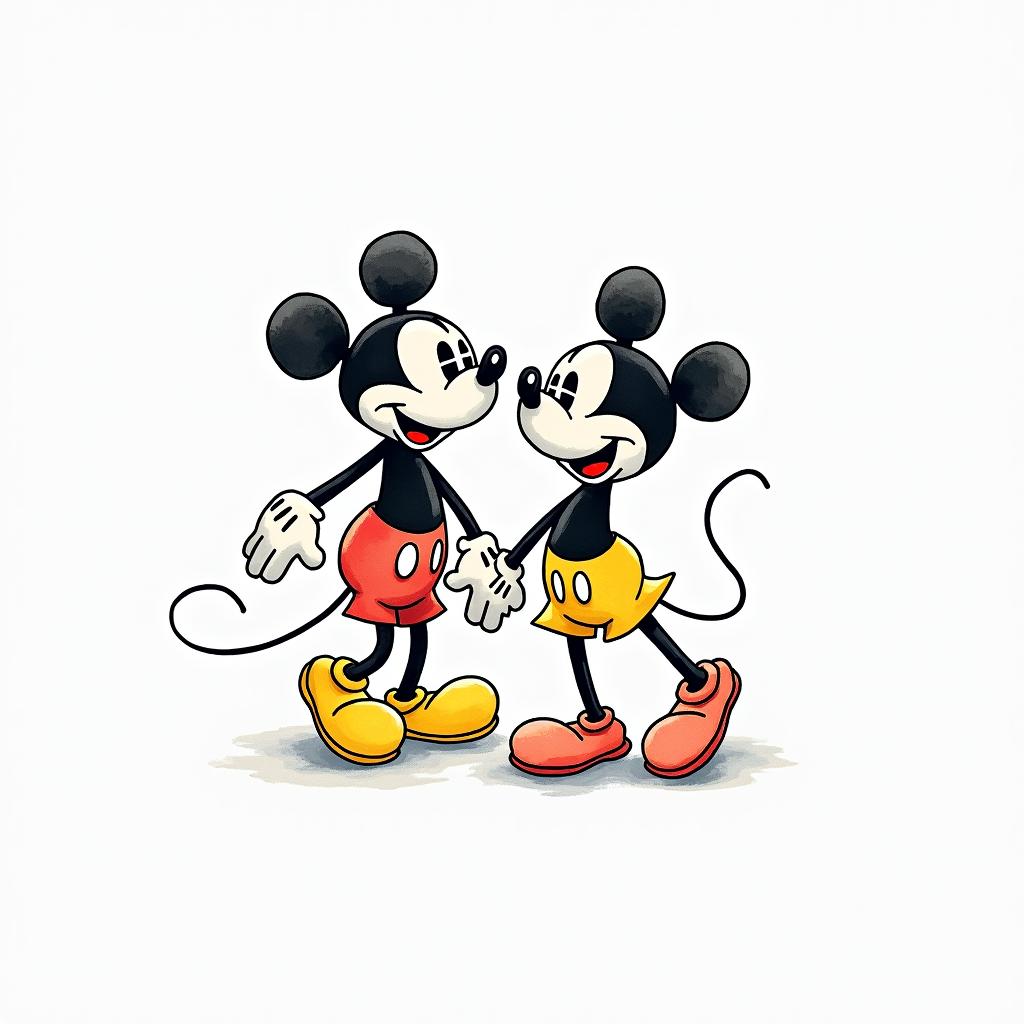 mickey mouse water coloredabstract dancing figures in Keith Haring style, featuring bold black outlines and solid color fills, figures posed in dynamic and playful dance movements, minimalist design - Variation 2