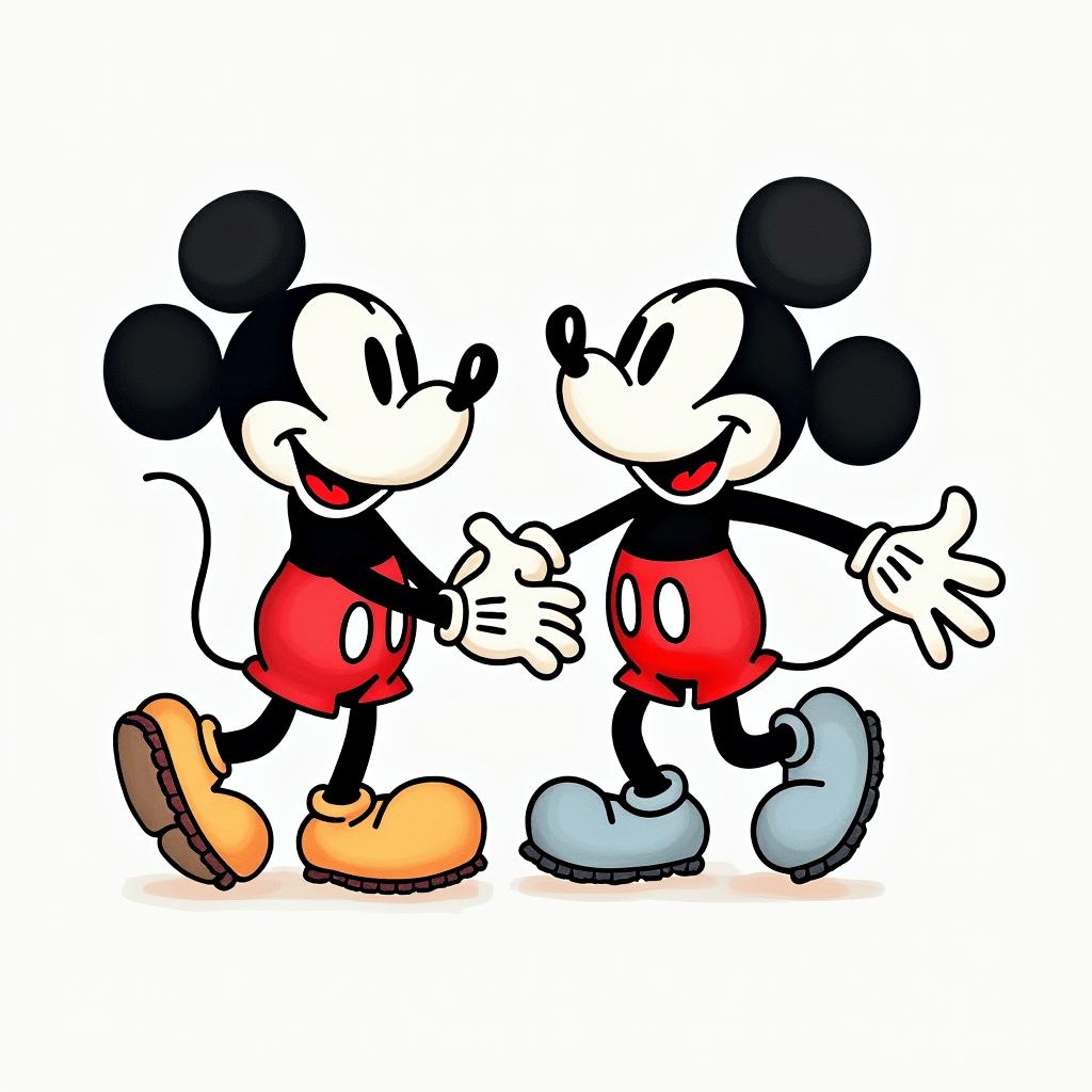 mickey mouse water coloredabstract dancing figures in Keith Haring style, featuring bold black outlines and solid color fills, figures posed in dynamic and playful dance movements, minimalist design - Variation 3