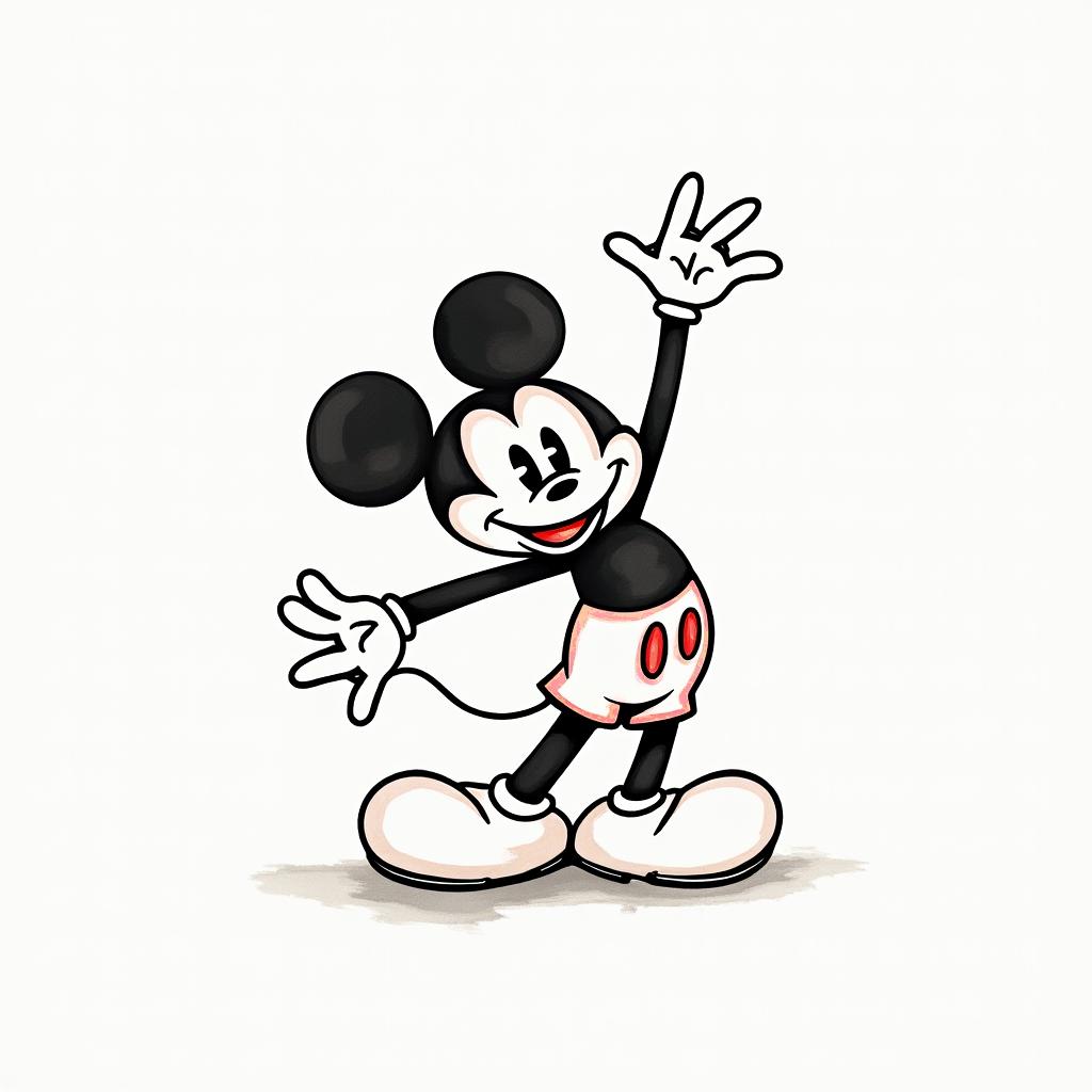 mickey mouse water coloredabstract dancing figures in Keith Haring style, featuring bold black outlines and solid color fills, figures posed in dynamic and playful dance movements, minimalist design