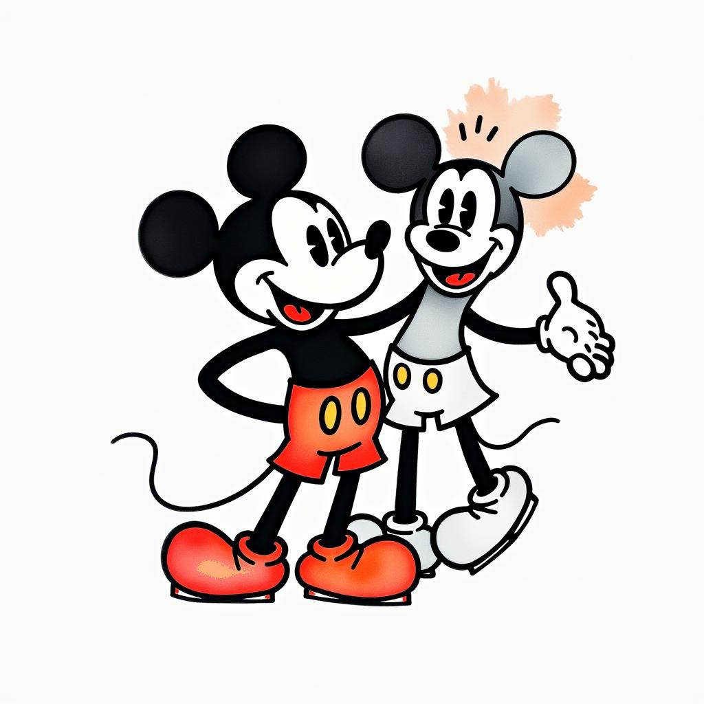 mickey mouse water coloredabstract dancing figures in Keith Haring style, featuring bold black outlines and solid color fills, figures posed in dynamic and playful dance movements, minimalist design - Variation 4