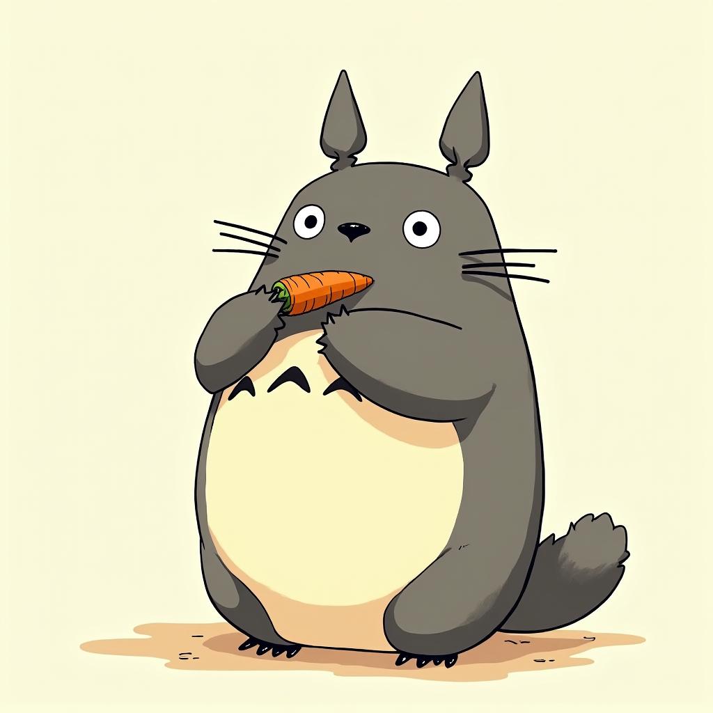 Totoro shoving carrots in his assGhibli, Studio Ghibli aesthetic, hand-drawn anime style, retro nostalgic atmosphere, retro soft pastel color palette with earthy tones, retro Japanese cinematic shot, yellow tint effect, bald character, smooth surface, anime shadow 90's anime style