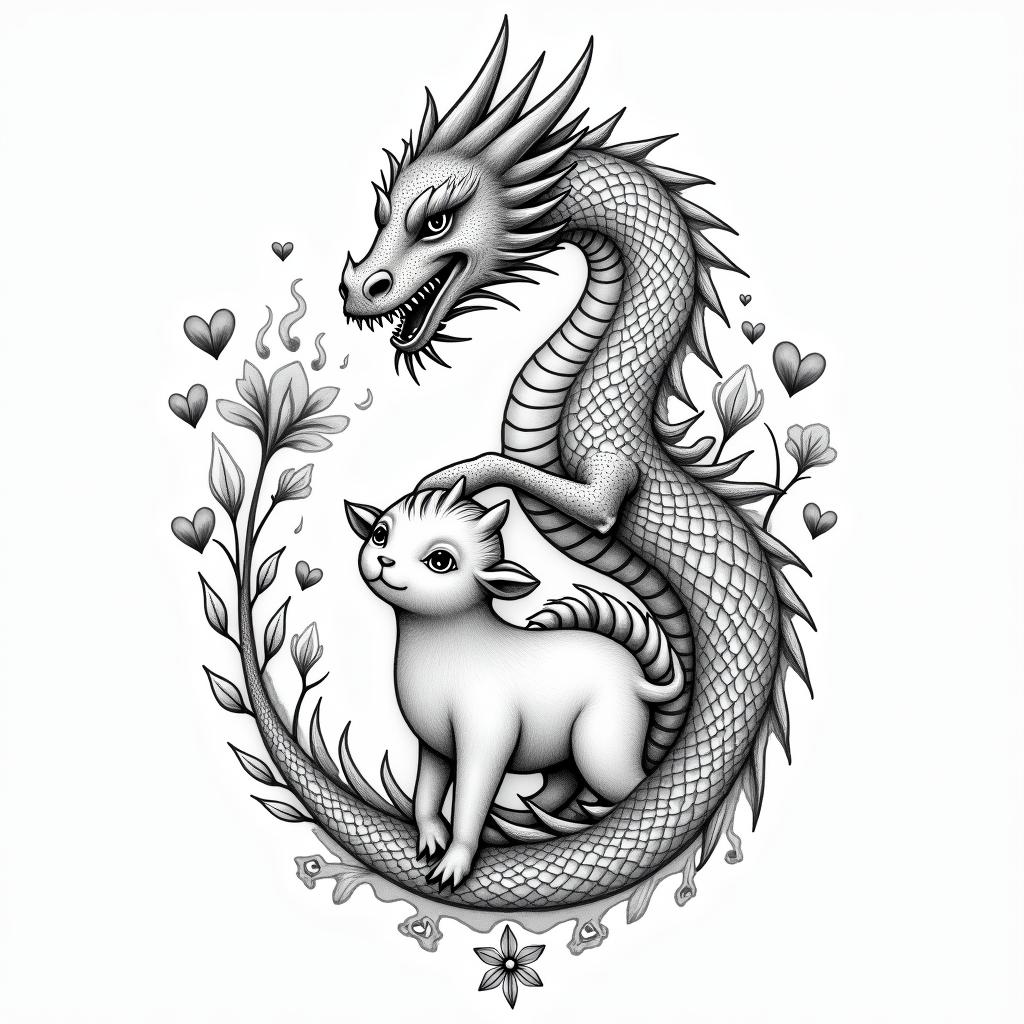 Cherry blossom COVERED DRAGON SPITTING HEARTS AND PETAL FLAME FLOWERS  PROTECTING A BABY COWin spiritual symbols tattoo style, featuring an intricate design incorporating elements, Hamsa hand, third eye, minimalist composition - Variation 3