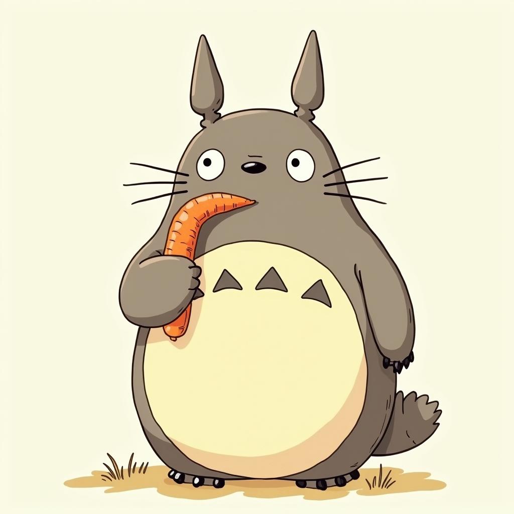 Totoro shoving carrots in his assGhibli, Studio Ghibli aesthetic, hand-drawn anime style, retro nostalgic atmosphere, retro soft pastel color palette with earthy tones, retro Japanese cinematic shot, yellow tint effect, bald character, smooth surface, anime shadow 90's anime style - Variation 2