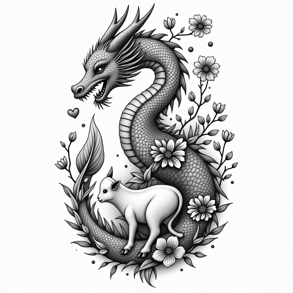 Cherry blossom COVERED DRAGON SPITTING HEARTS AND PETAL FLAME FLOWERS  PROTECTING A BABY COWin spiritual symbols tattoo style, featuring an intricate design incorporating elements, Hamsa hand, third eye, minimalist composition - Variation 2