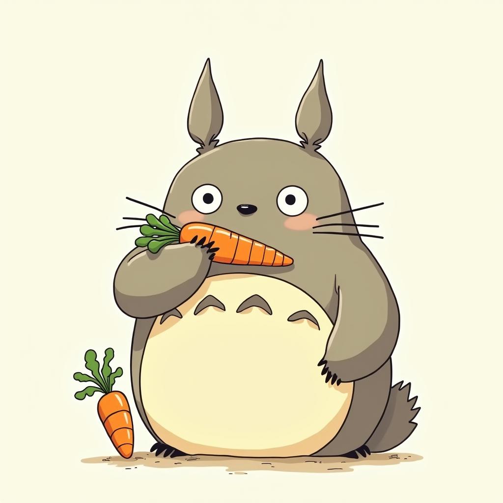 Totoro shoving carrots in his assGhibli, Studio Ghibli aesthetic, hand-drawn anime style, retro nostalgic atmosphere, retro soft pastel color palette with earthy tones, retro Japanese cinematic shot, yellow tint effect, bald character, smooth surface, anime shadow 90's anime style - Variation 3
