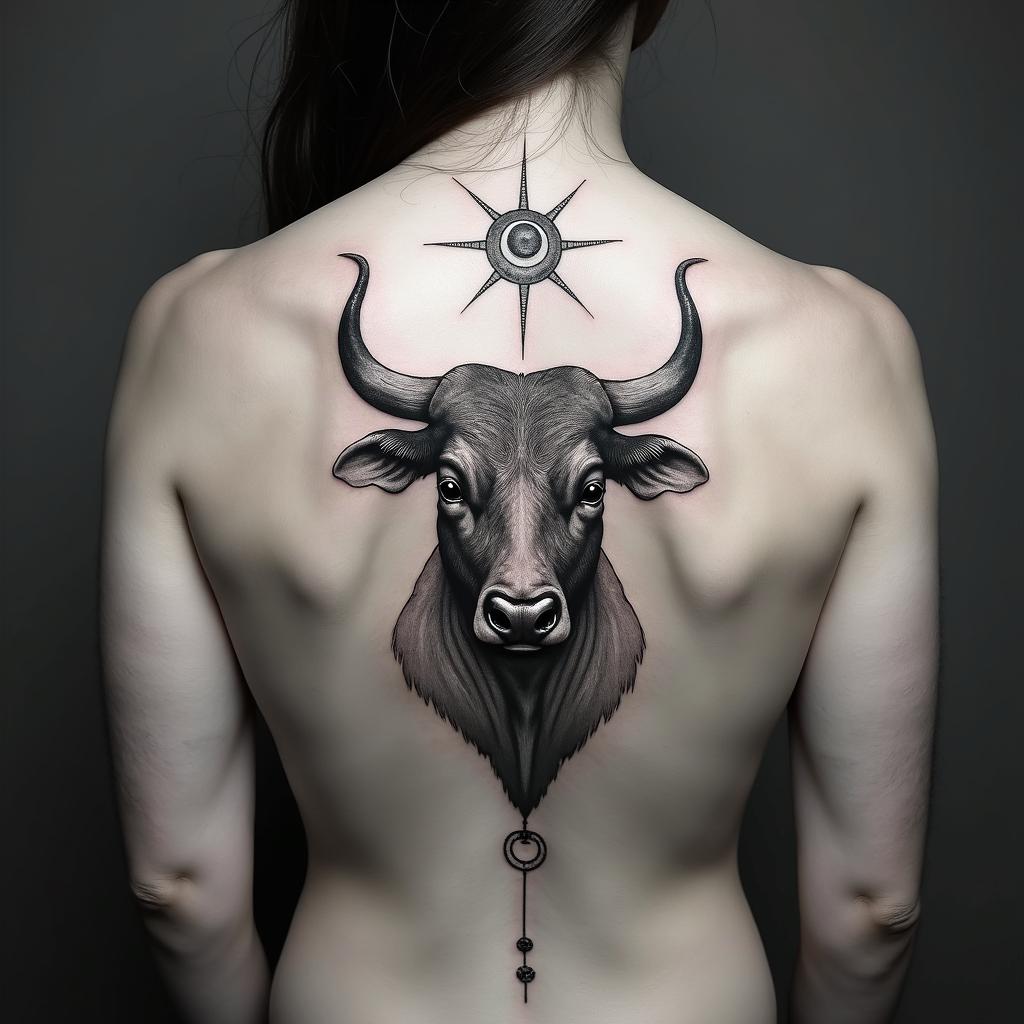 Taurus bullin spiritual symbols tattoo style, featuring an intricate design incorporating elements, Hamsa hand, third eye, minimalist composition