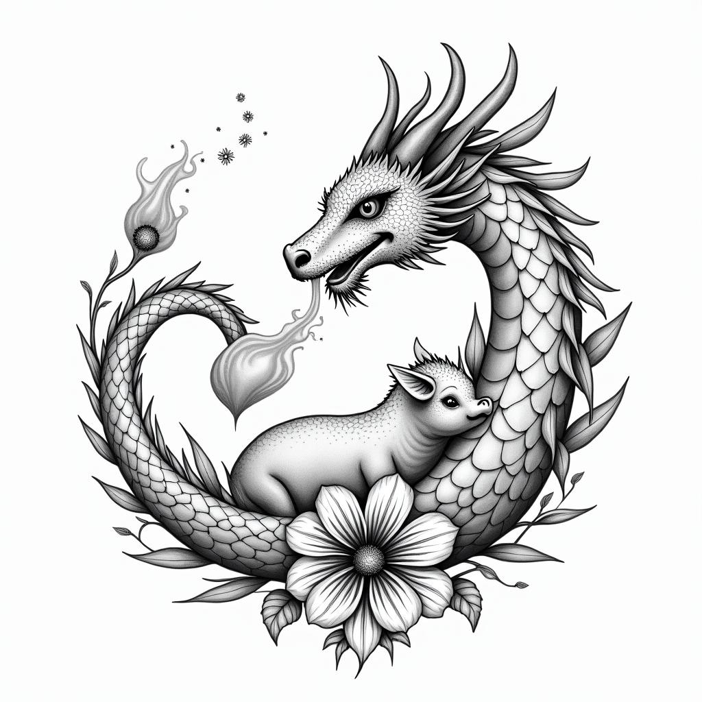 Cherry blossom COVERED DRAGON SPITTING HEARTS AND PETAL FLAME FLOWERS  PROTECTING A BABY COWin spiritual symbols tattoo style, featuring an intricate design incorporating elements, Hamsa hand, third eye, minimalist composition - Variation 4