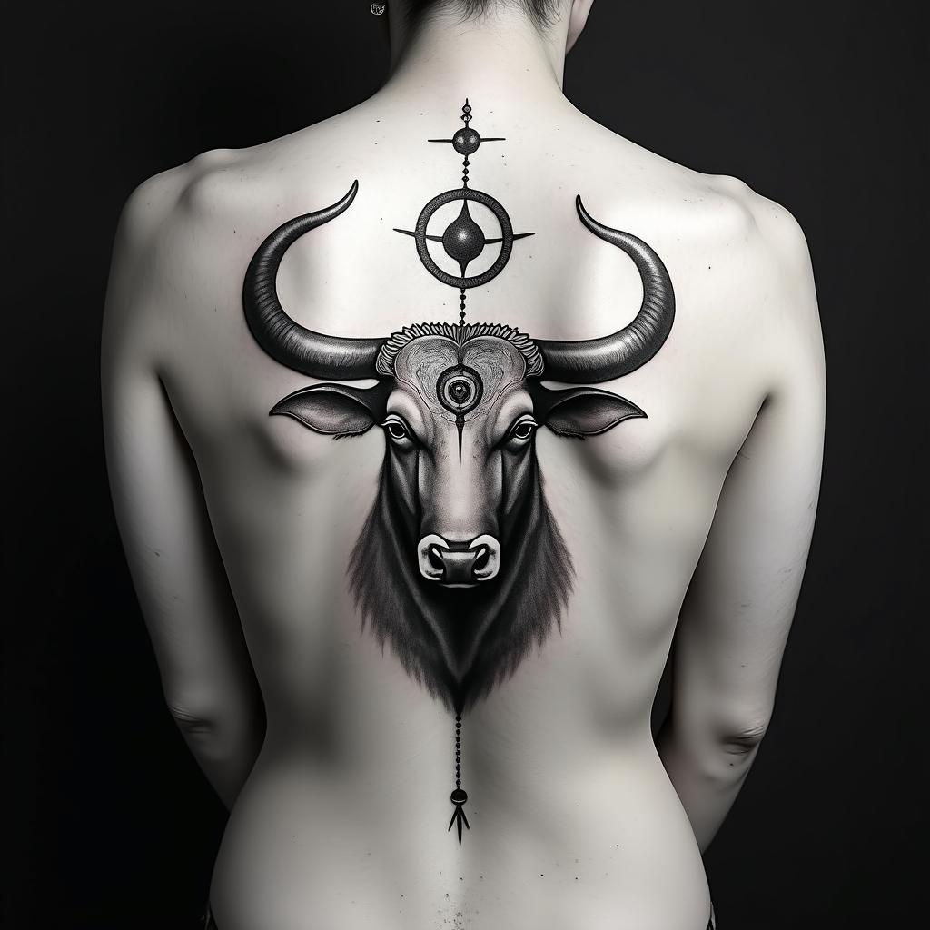 Taurus bullin spiritual symbols tattoo style, featuring an intricate design incorporating elements, Hamsa hand, third eye, minimalist composition - Variation 4