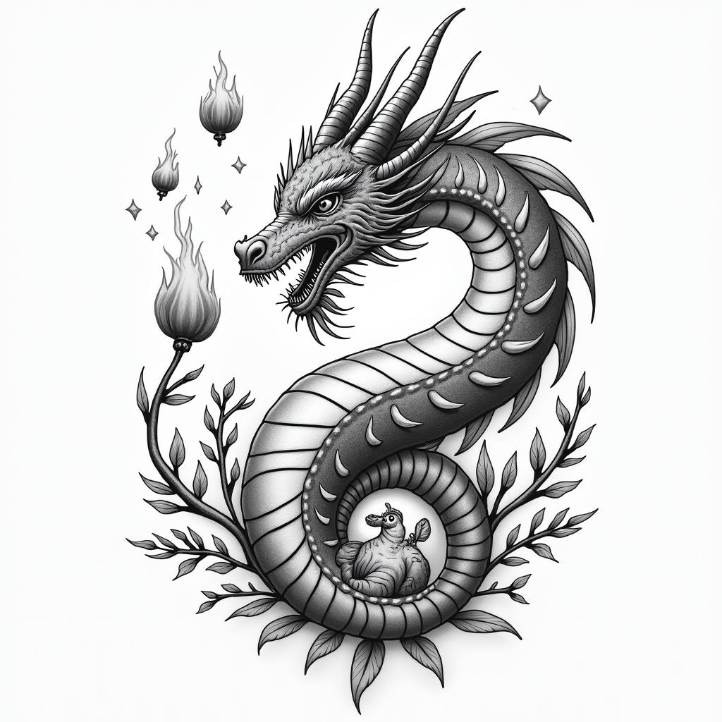 Cherry blossom COVERED DRAGON SPITTING HEARTS AND PETAL FLAME FLOWERS PROTECTING A BABY COWin spiritual symbols tattoo style, featuring an intricate design incorporating elements, Hamsa hand, third eye, minimalist composition