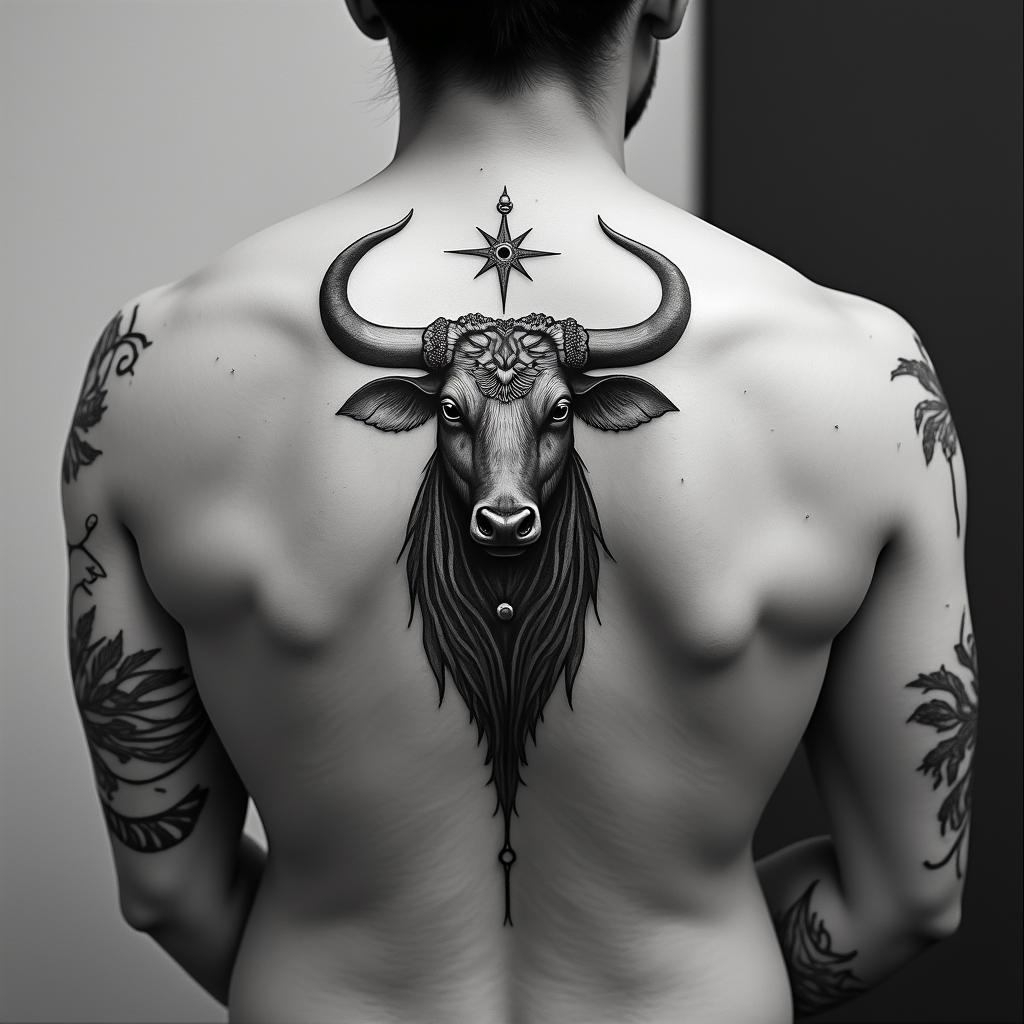 Taurus bullin spiritual symbols tattoo style, featuring an intricate design incorporating elements, Hamsa hand, third eye, minimalist composition - Variation 3