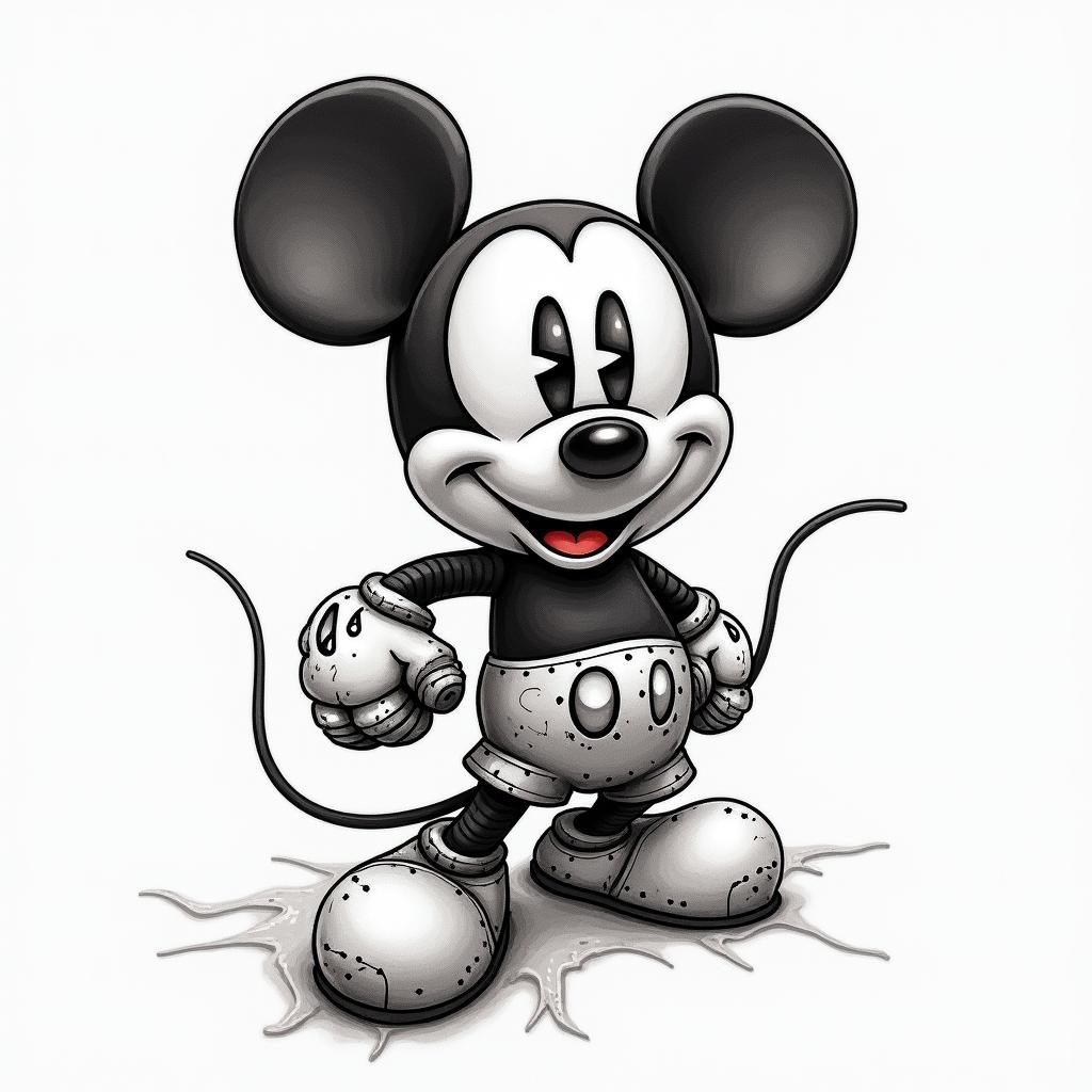 mickey mouse water coloredtattoo in biomechanic style, the tattoo covered by robotic elements of futuristic cyberpunk design, robotic features detail, showcasing intricate mechanical components - Variation 3