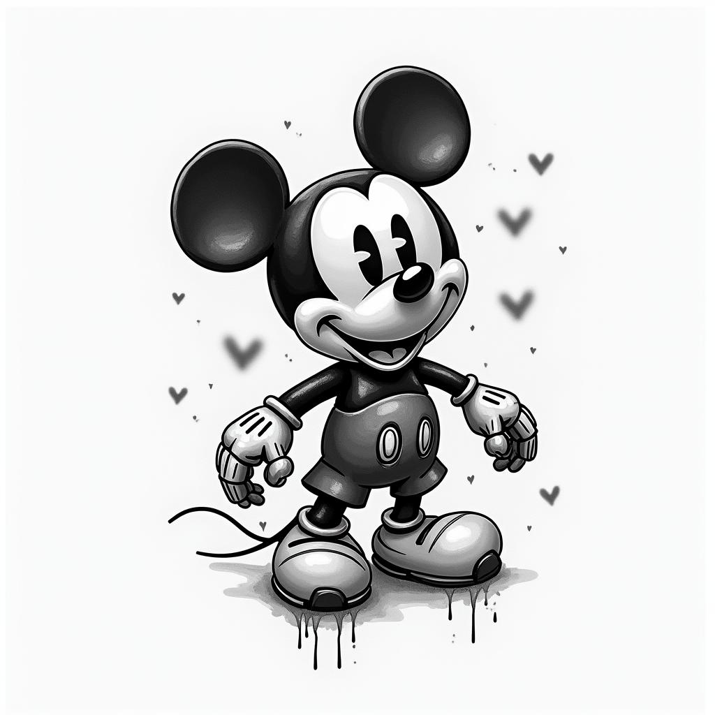 mickey mouse water coloredtattoo in biomechanic style, the tattoo covered by robotic elements of futuristic cyberpunk design, robotic features detail, showcasing intricate mechanical components - Variation 2
