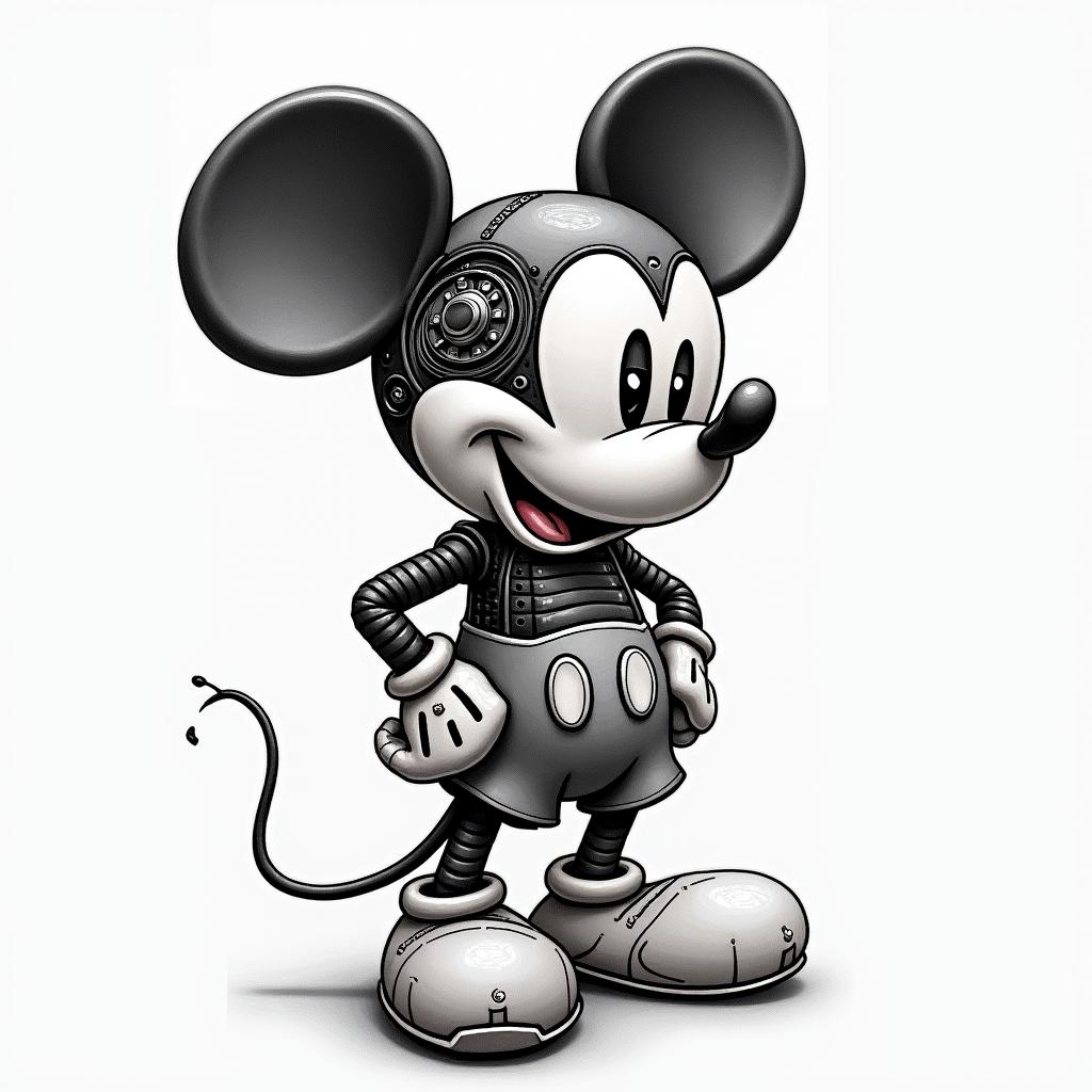 mickey mouse water coloredtattoo in biomechanic style, the tattoo covered by robotic elements of futuristic cyberpunk design, robotic features detail, showcasing intricate mechanical components
