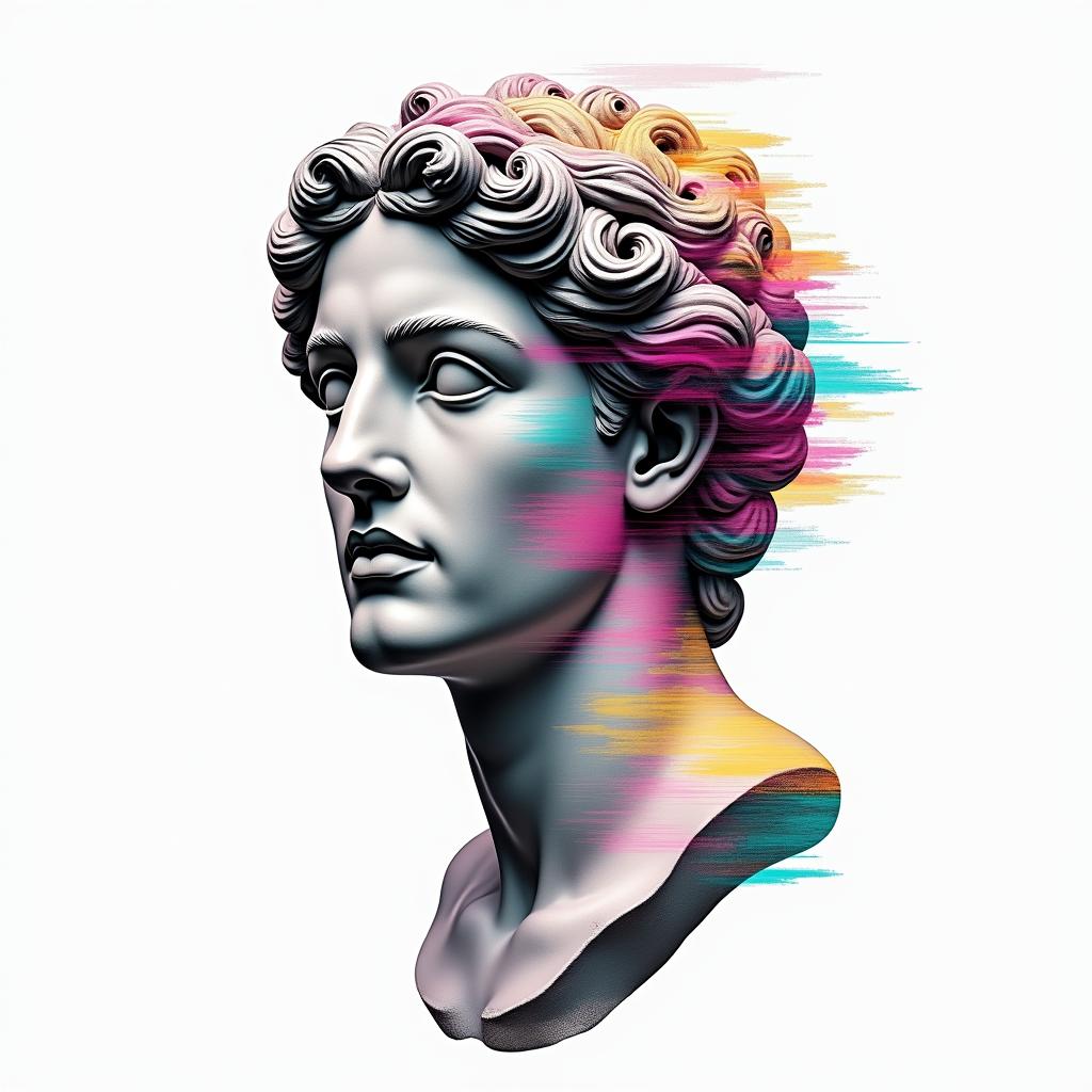 Chips Capricornin distorted and fragmented tattoo design, featuring a classical statue bust, in a glitch art style with vibrant, overlapping colors of cyan, magenta, and yellow, creating a digital distortion effect - Variation 2