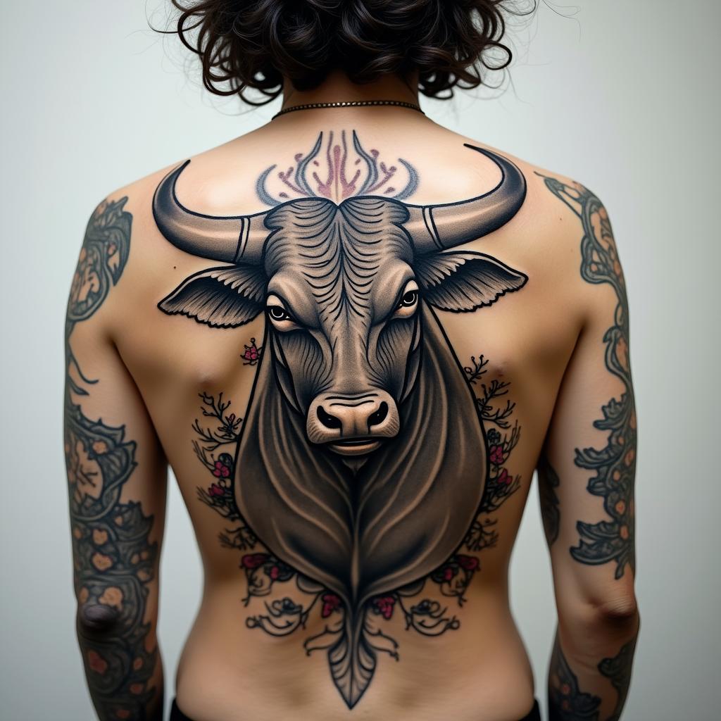 Taurus bullin japanese style tattoo, detailed tattoo, traditional japanese culture tattoo, mythology, 8k - Variation 8