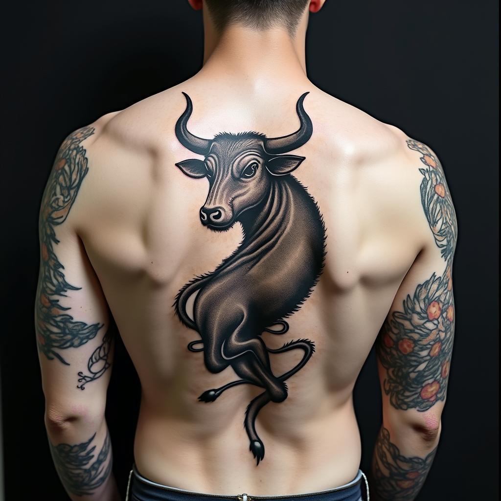 Taurus bullin japanese style tattoo, detailed tattoo, traditional japanese culture tattoo, mythology, 8k - Variation 5