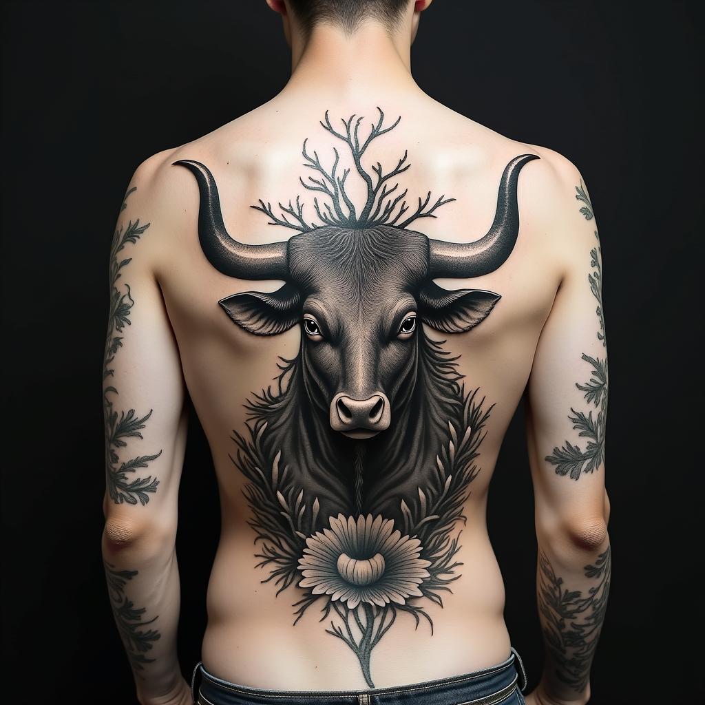 Taurus bullin japanese style tattoo, detailed tattoo, traditional japanese culture tattoo, mythology, 8k - Variation 7
