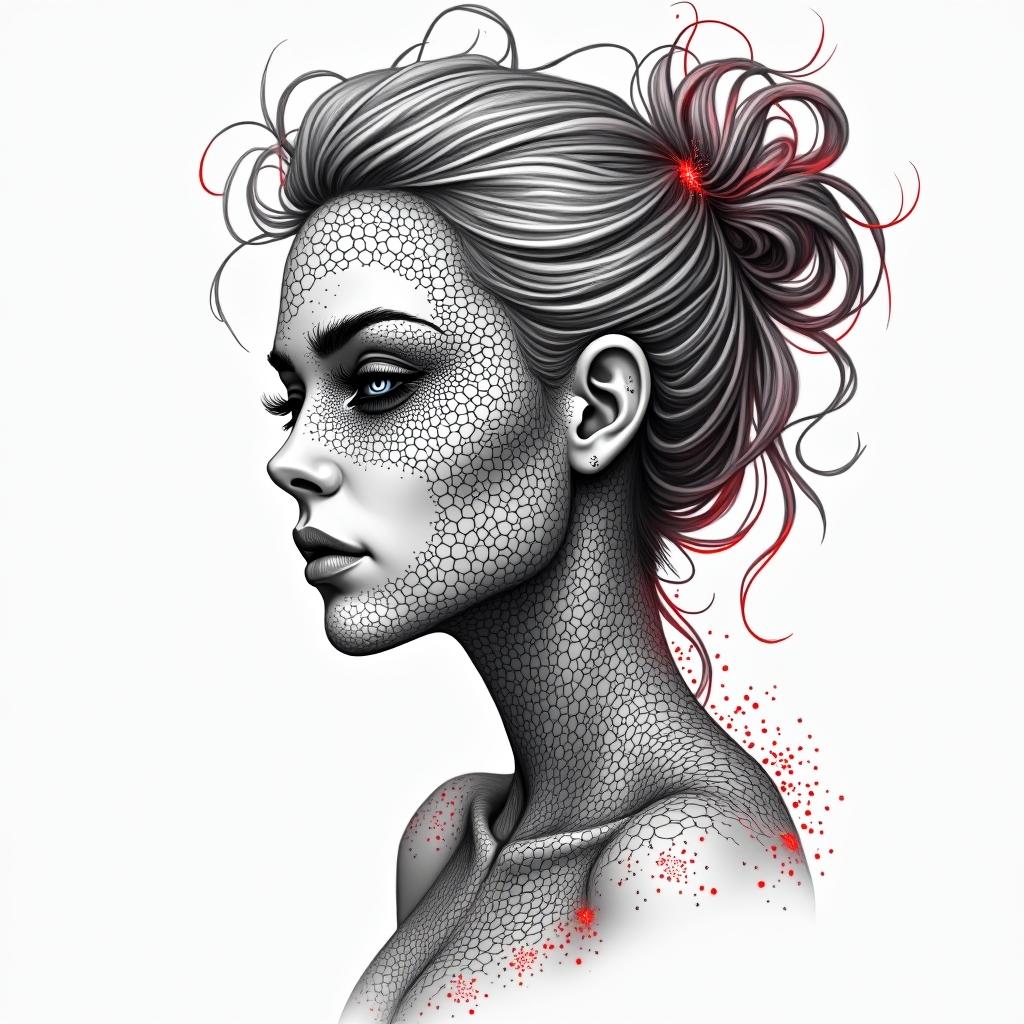 Futuristic cyberpunk girl with neon accentsin dotwork style tattoo, complex mandala patterns, interlocking geometric shapes with sharp symmetry, clean lines, sharp angles - Variation 4