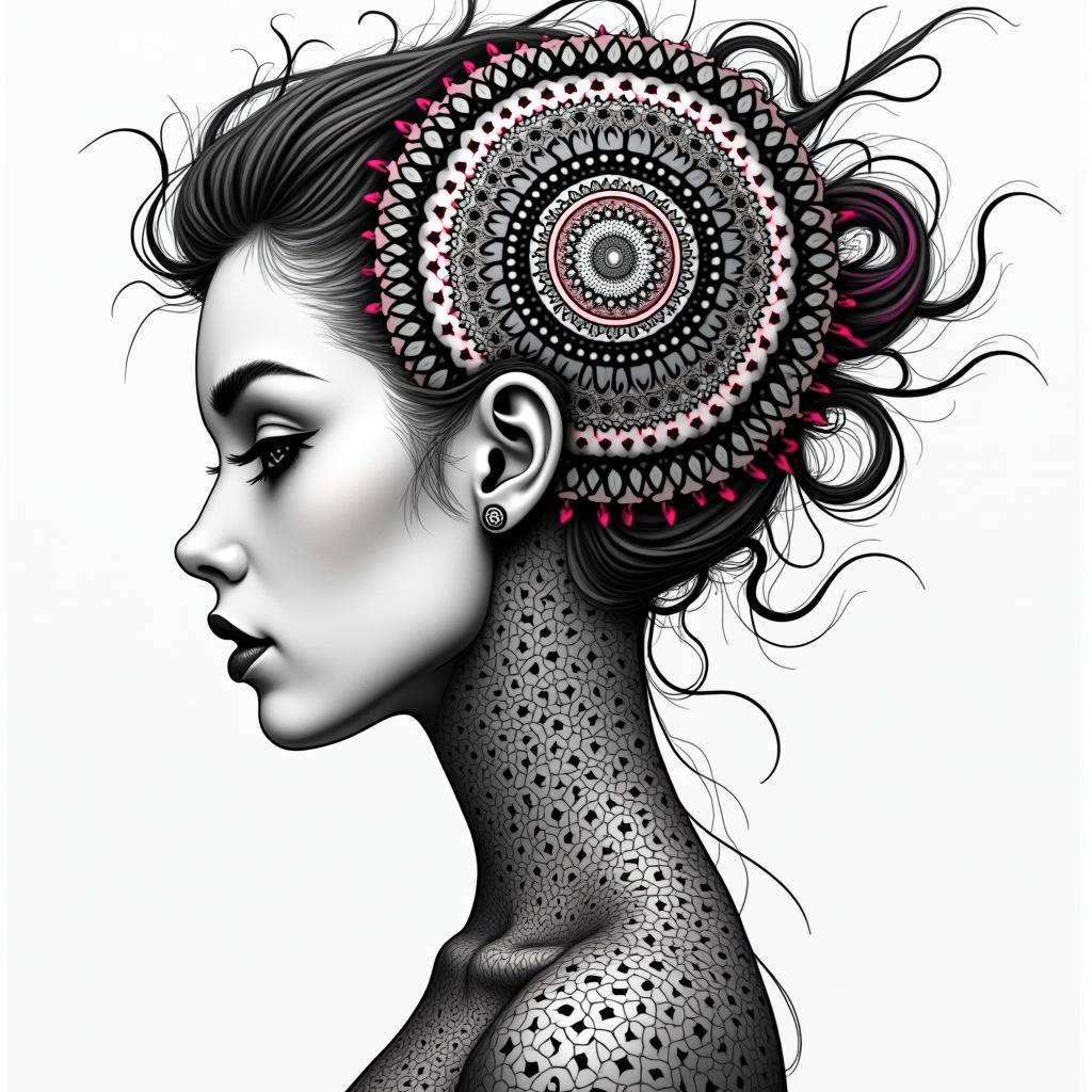 Futuristic cyberpunk girl with neon accentsin dotwork style tattoo, complex mandala patterns, interlocking geometric shapes with sharp symmetry, clean lines, sharp angles - Variation 3