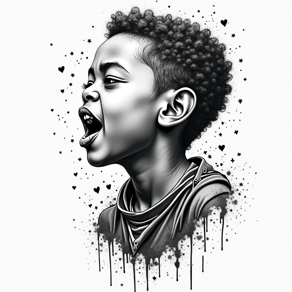 Children, hakunamatata, philosophy, music, empathyin graffiti style tattoo, featuring bold and dynamic street art elements, spray-paint texture with exaggerated lines and expressive, chaotic brushstrokes, intricate lettering incorporated with graffiti tags, symbols like hearts, stars, and wings - Variation 4