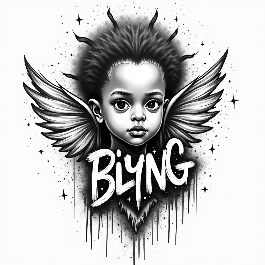 Children, hakunamatata, philosophy, music, empathyin graffiti style tattoo, featuring bold and dynamic street art elements, spray-paint texture with exaggerated lines and expressive, chaotic brushstrokes, intricate lettering incorporated with graffiti tags, symbols like hearts, stars, and wings - Variation 2