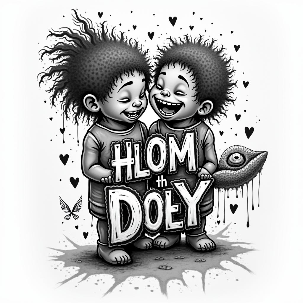 Children, hakunamatata, philosophy, music, empathyin graffiti style tattoo, featuring bold and dynamic street art elements, spray-paint texture with exaggerated lines and expressive, chaotic brushstrokes, intricate lettering incorporated with graffiti tags, symbols like hearts, stars, and wings - Variation 3