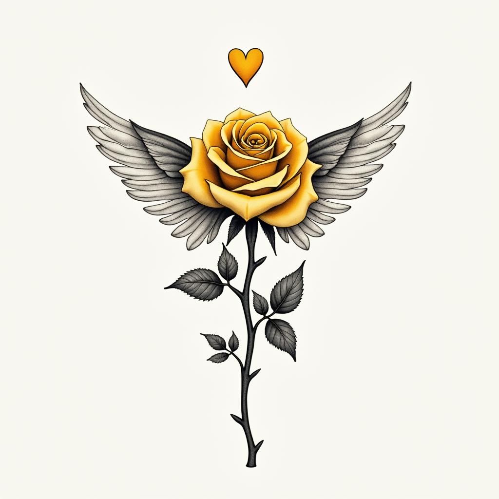 Yellow rose with angle wings displayed on the side of body. Rose vertical; wings vertical and sidewaysin Modest style tattoo, featuring soft, delicate line work with simple and meaningful symbols, gentle waves, a heart, evoking a sense of serenity and grace,